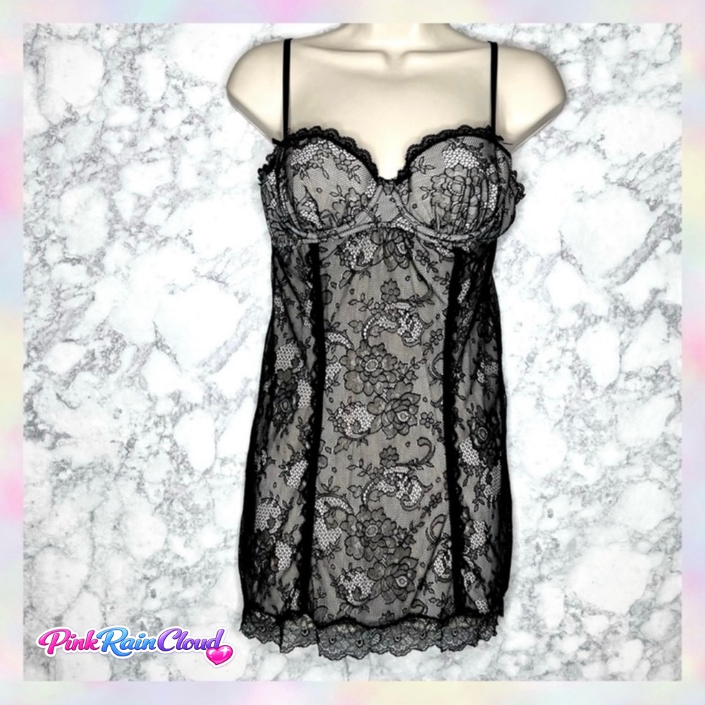 Victoria’s Secret 90s Black Lace Overlay Babydoll Chemise Lingerie 34C